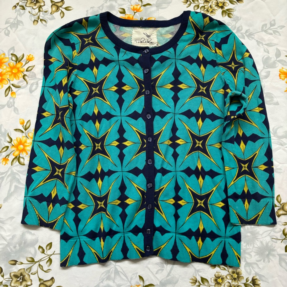 Tabitha Size XS Blue/ Yellow Cardigan NWT